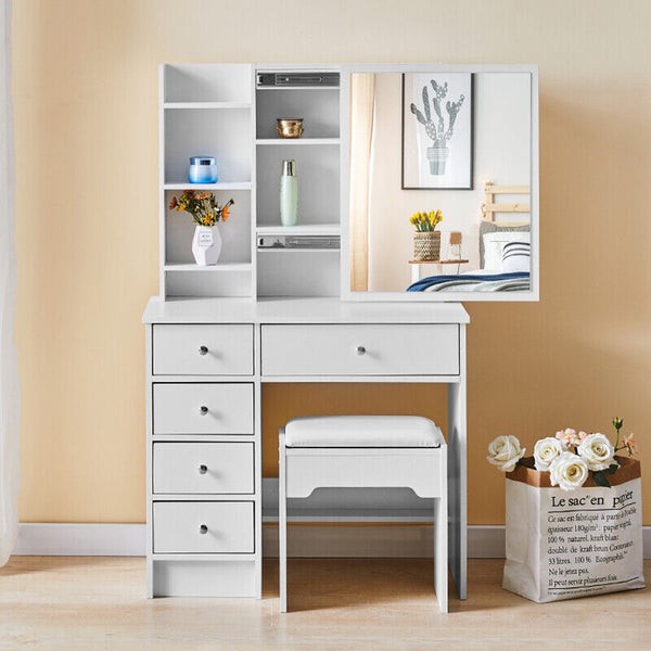 White Dressing Table Wood Makeup Desk with Slide Mirror - Cints and Home