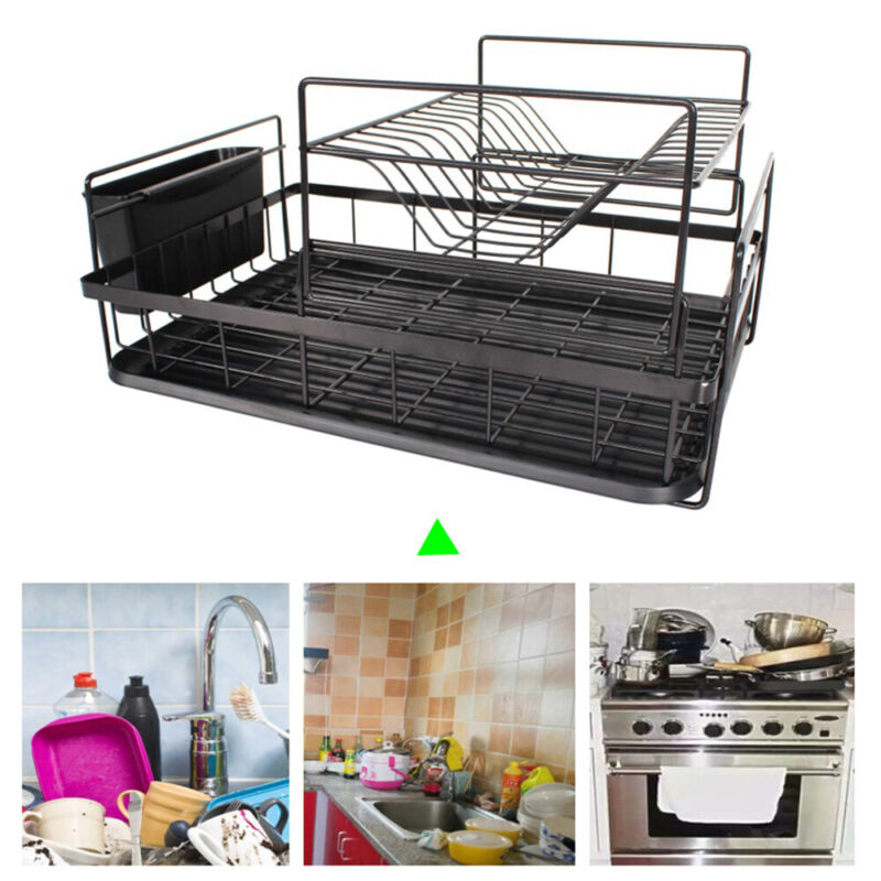 2-Tier Dish Drainer Rack with Drip Tray Metal Wire