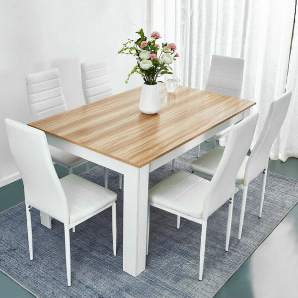 Wooden Dining Table Set with 6 Faux Leather Chairs Seat - Cints and Home
