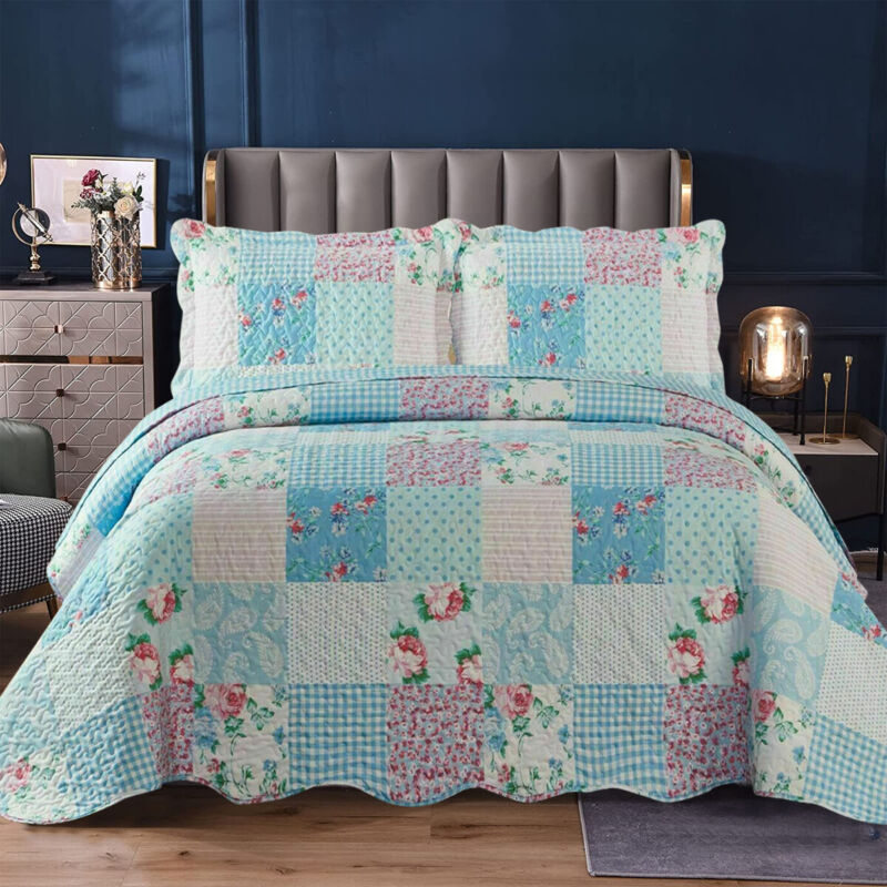 3 Piece Quilted Patchwork Bedspread Throw