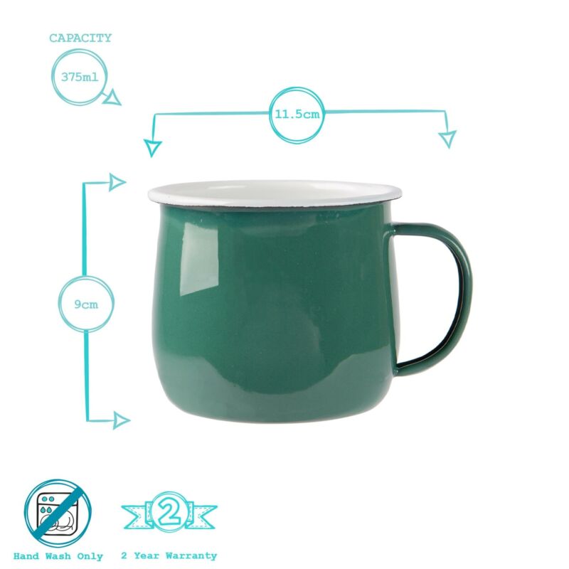 6x Coloured Enamel Belly Mugs Metal Camping Tea Coffee Cups Set 375ml Green - Cints and Home