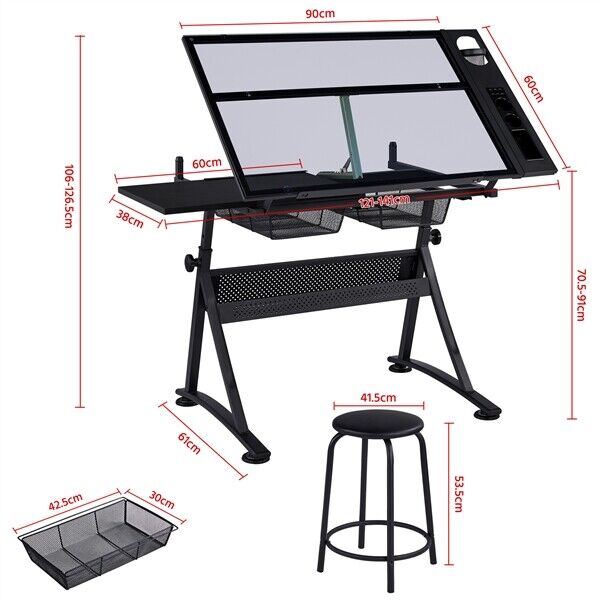 Adjustable Glass Drafting Table with 2 Drawer Art Craft Drawing Board with Stool - Cints and Home