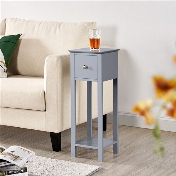 Grey Bedside Tables Set of 2 PCs Slim Telephone Tables with Drawer & Shelf Home