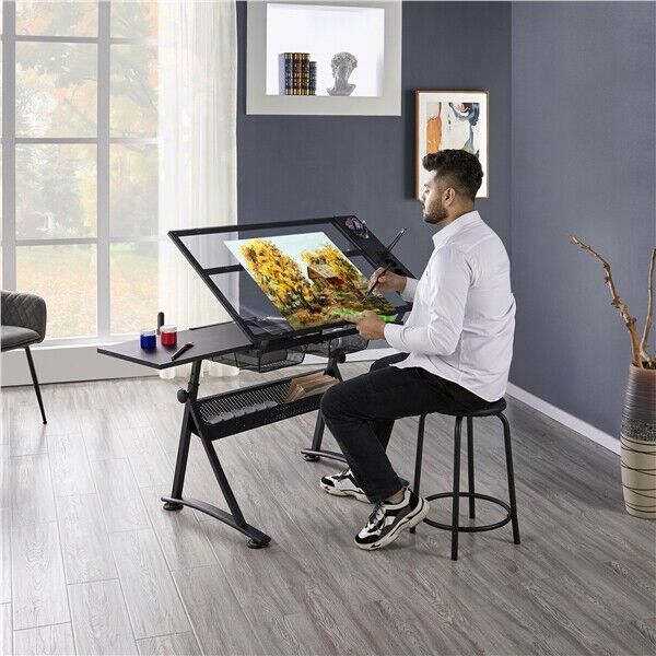 Adjustable Glass Drafting Table with 2 Drawer Art Craft Drawing Board with Stool - Cints and Home