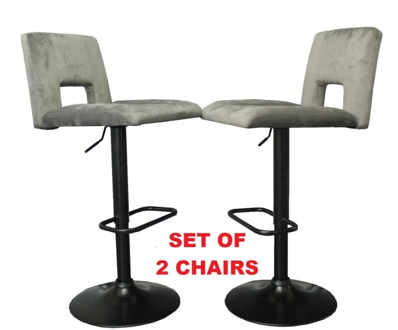Set of 2 Grey Velvet Bar stools with Ring Knocker