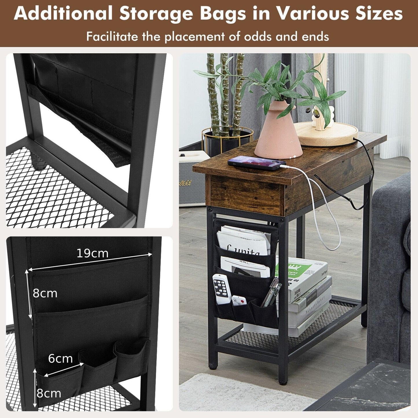 2-Tier Side Table End Table W/Usb Ports & Flip Top Narrow Nightstand for Bedroom
