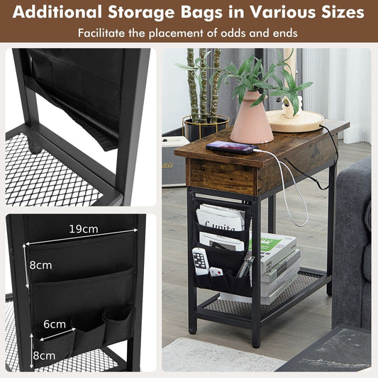 2-Tier Side Table End Table W/Usb Ports & Flip Top Narrow Nightstand for Bedroom