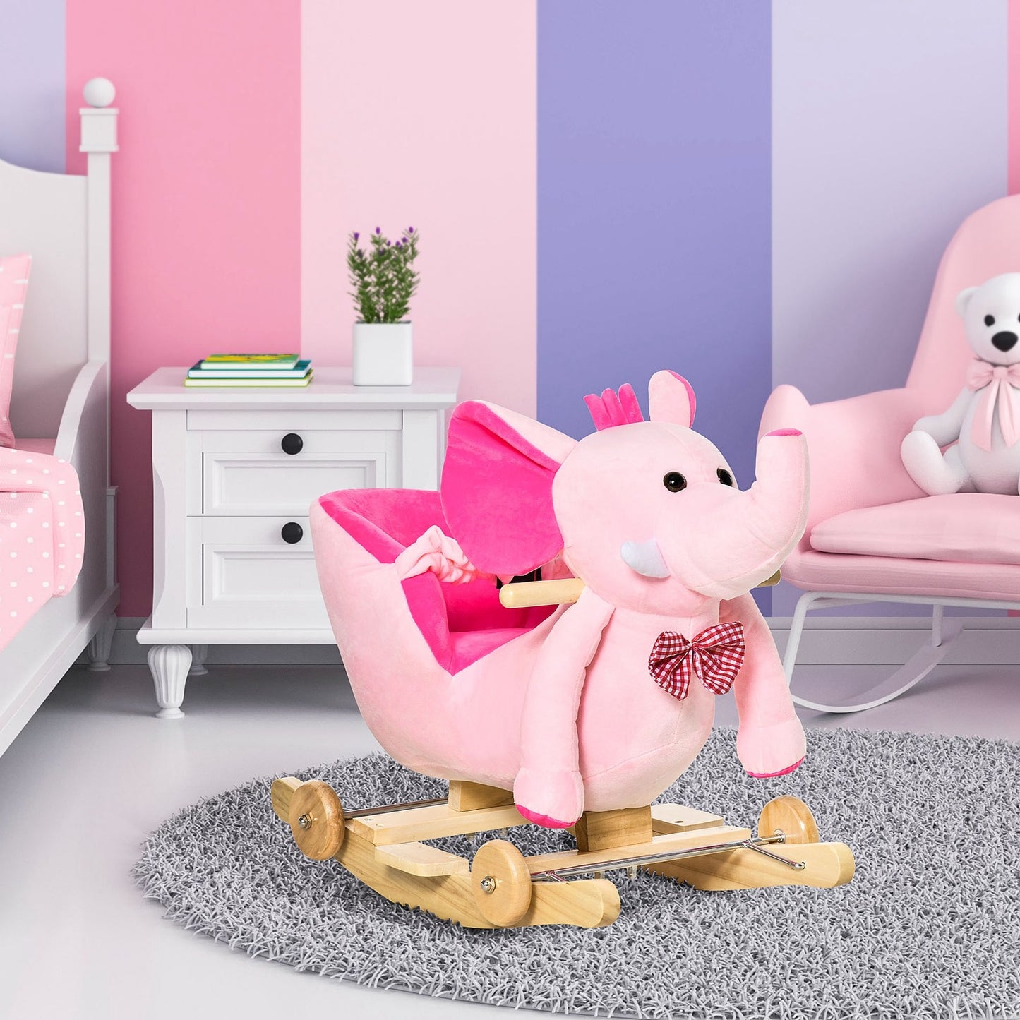 HOMCOM 2-In-1 Baby Rocking Horse Ride on Elephant W/ Wheels Music, Pink