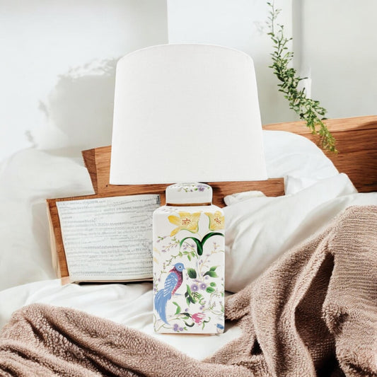 Stunning Floral Ceramic Table Lamp Pleated Shade Oriental Bird Hall Light 58Cm