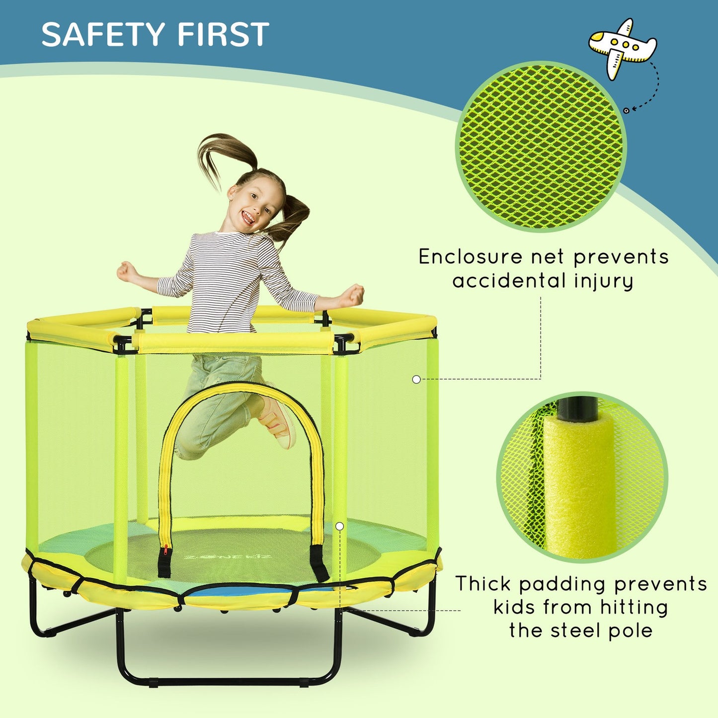 4.6 FT Kids Trampoline with Security Enclosure Net Bungee Gym, Yellow