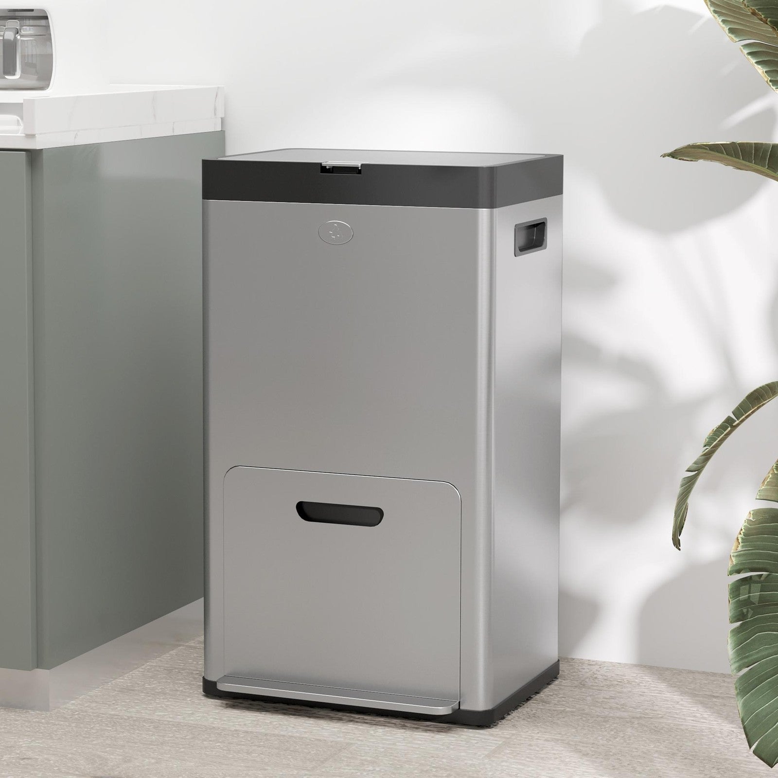 3 Compartment Kitchen Bin, Stainless Steel Pedal Bin for Recycling and Waste