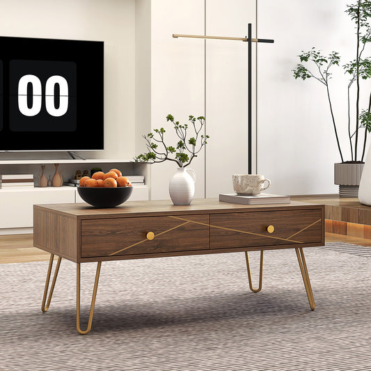 Coffee Table with Storage, Living Room Tea Table with Drawers, Steel Base, Brown