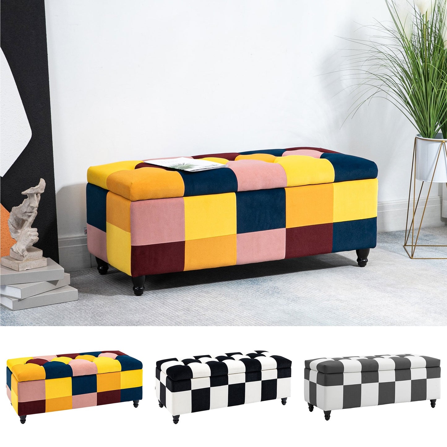 114 X 47 X 47Cm Velvet Storage Ottoman with Lid for Living Room Bedroom