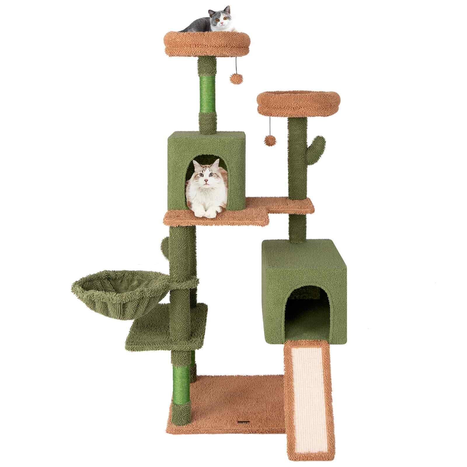 COSTWAY 160 Cm Tall Modern Cat Tree Green Cactus Cat Tower W/Hammock