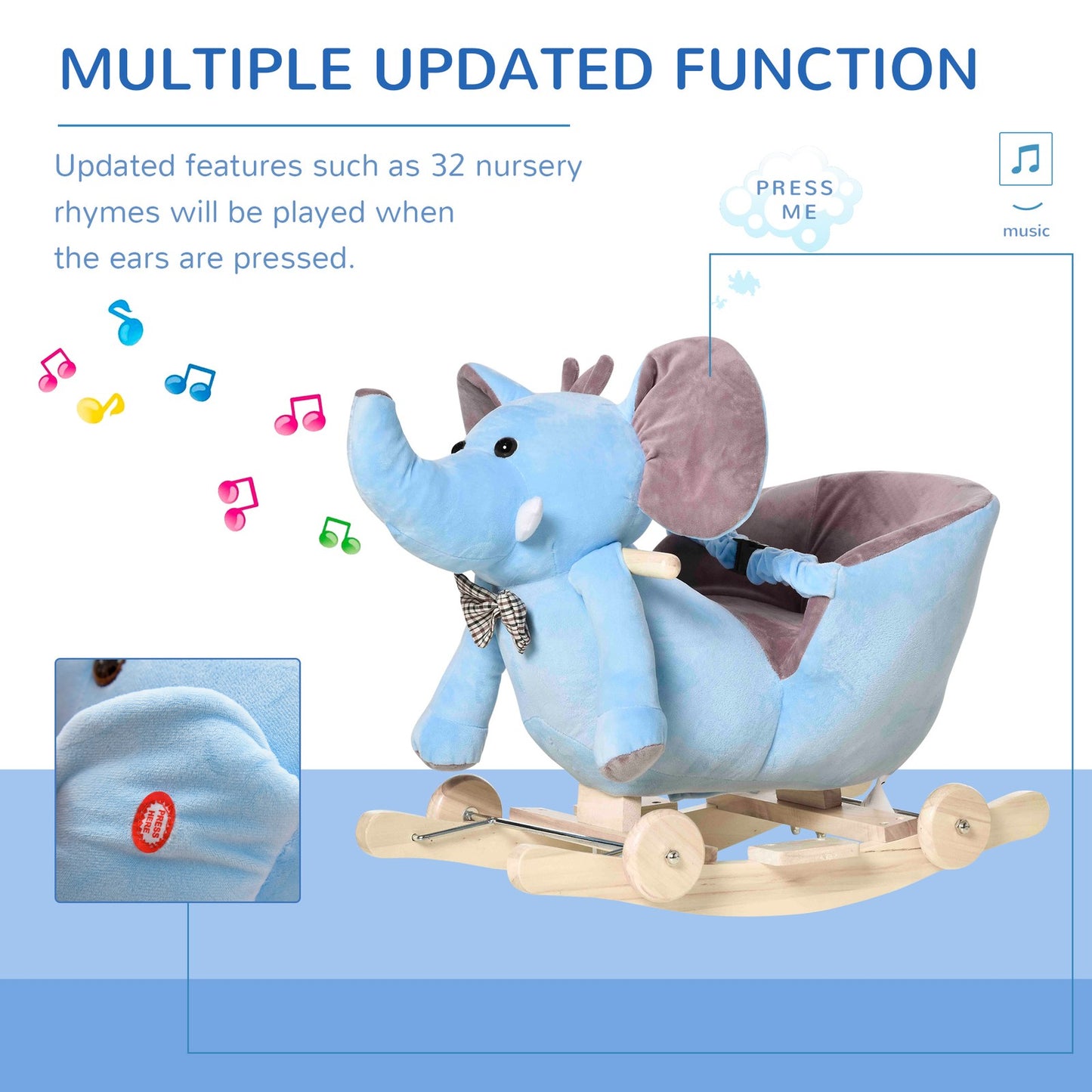 HOMCOM 2-In-1 Baby Rocking Horse Ride on Elephant W/ Wheels Music, Blue