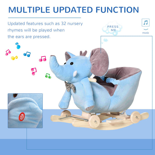 HOMCOM 2-In-1 Baby Rocking Horse Ride on Elephant W/ Wheels Music, Blue