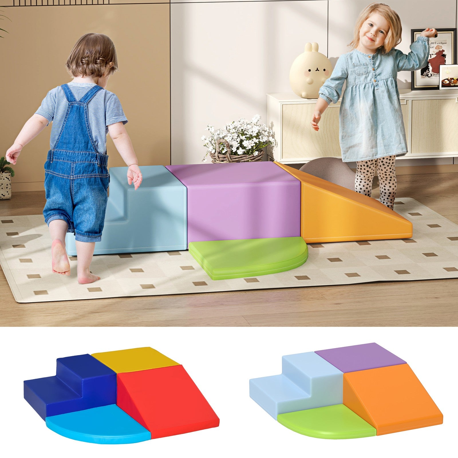 4-Piece Soft Play Set Climb and Crawl Foam Toddler Stairs and Ramp for Baby