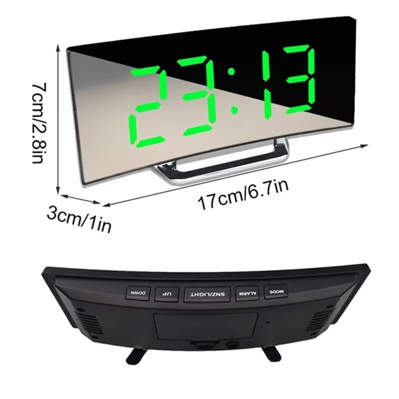 Curved Mirror LED Digital Alarm Clock