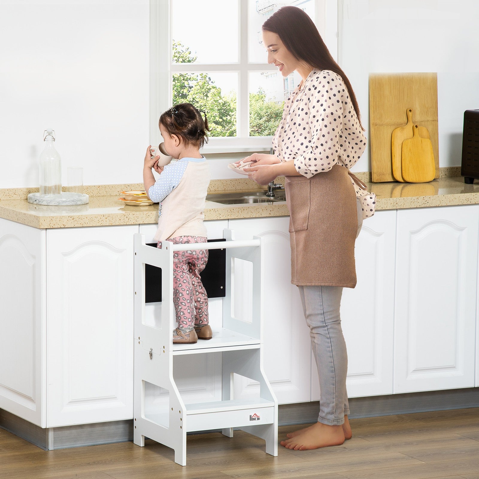 2-In-1 Kids Kitchen Step Stool Table Chair Set W/ Safety Rail Chalkboard, White