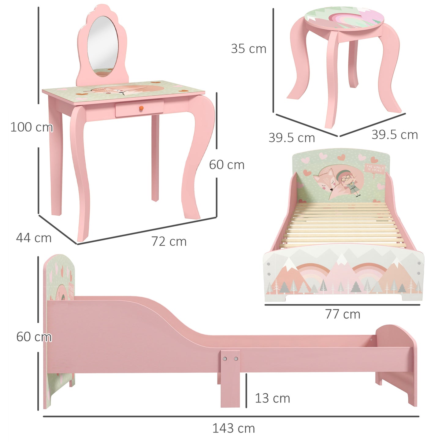 Cute Animal Design Toddler Bed Frame, Kids Dressing Table Set, Pink