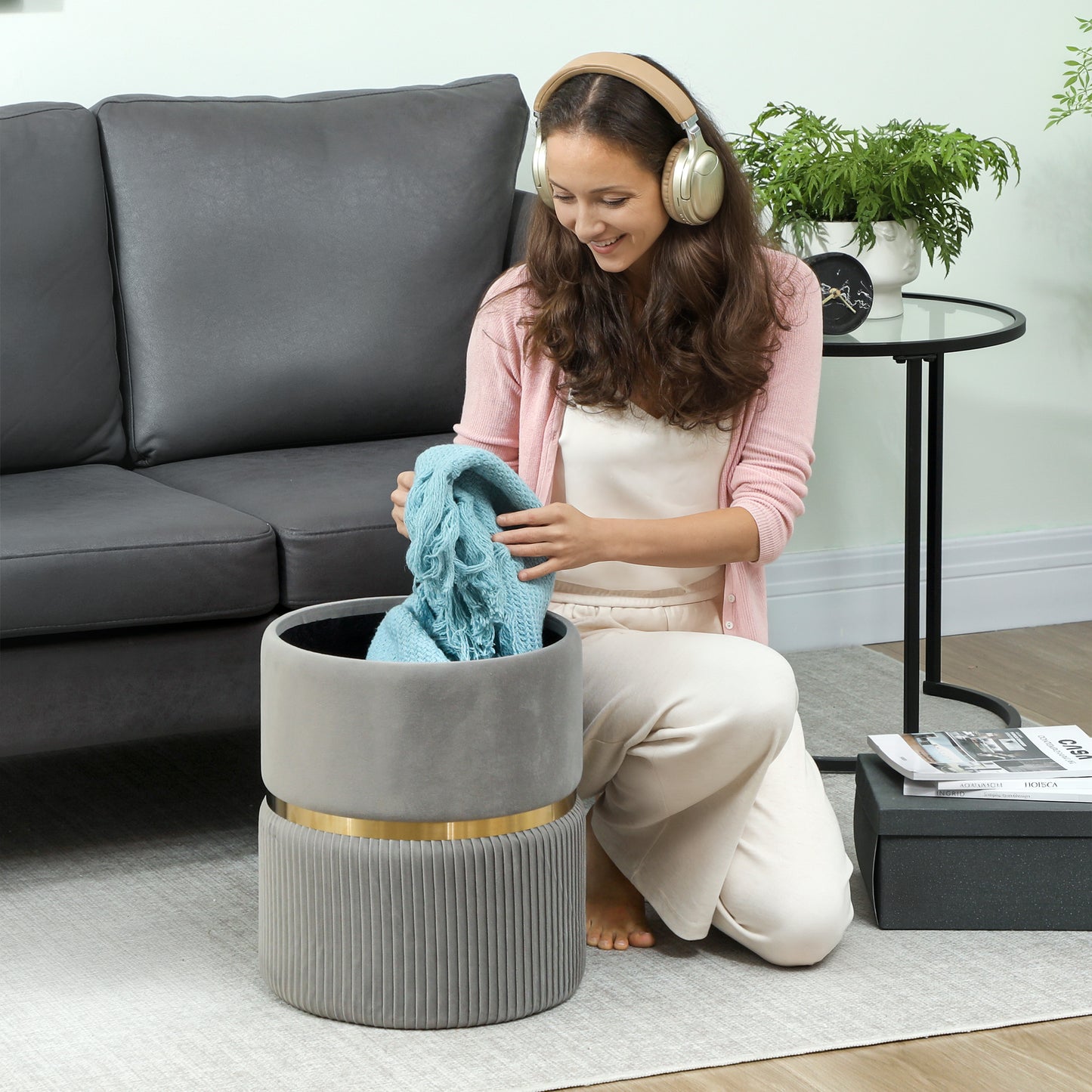 Round Storage Foot Stool, Velvet-Feel Fabric Upholstered Pouffe