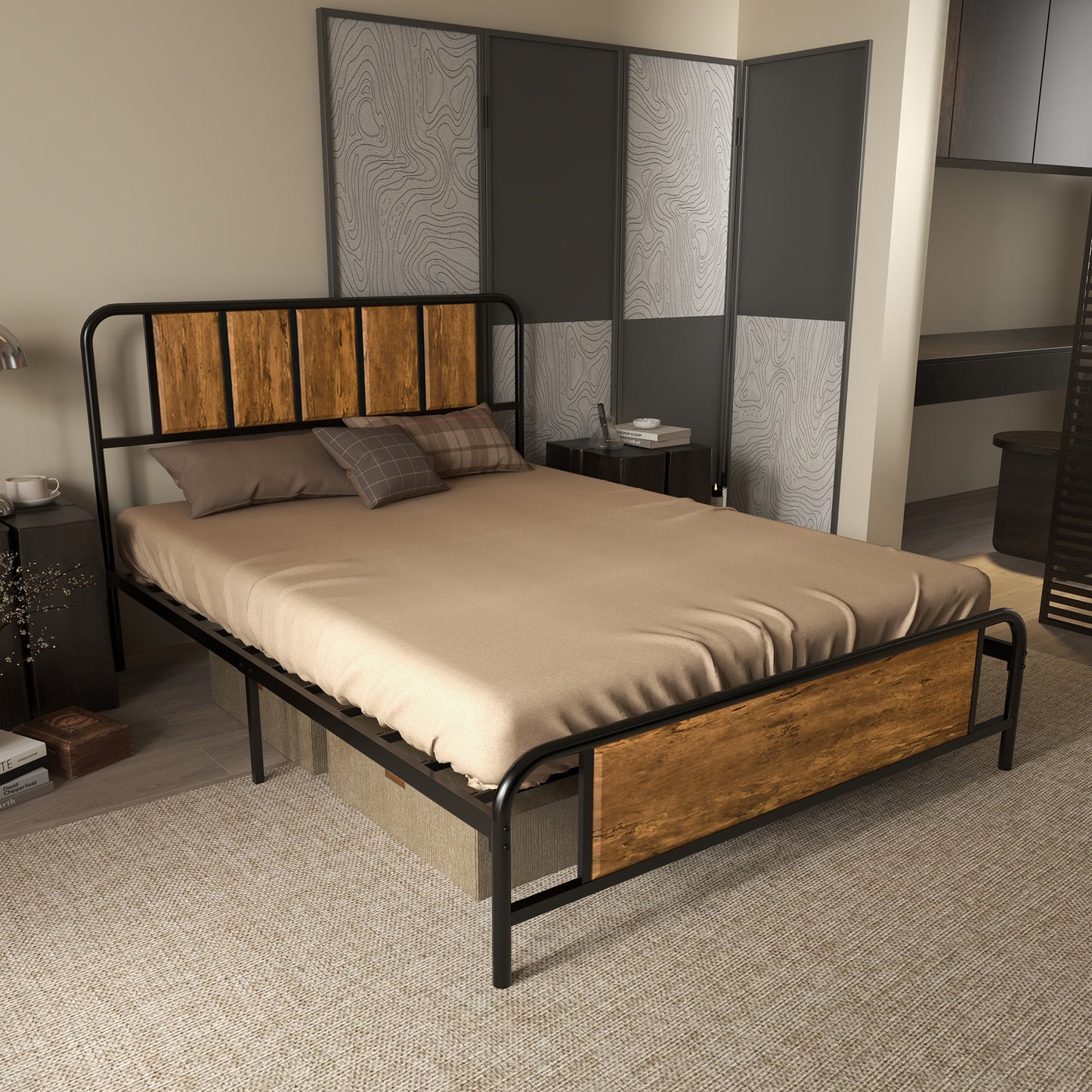 Bed Frame with Footboard and under Bed Storage Rustic Brown