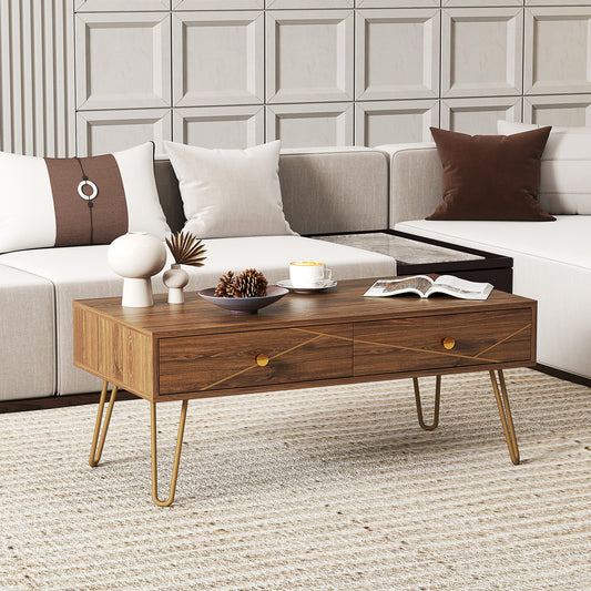 Coffee Table with Storage, Living Room Tea Table with Drawers, Steel Base, Brown