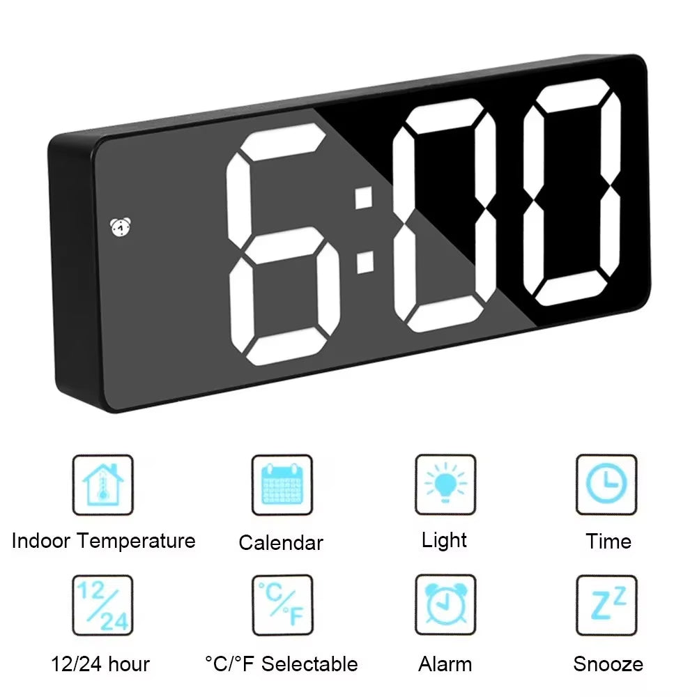 Smart LED Mirror Alarm Clock with Temperature