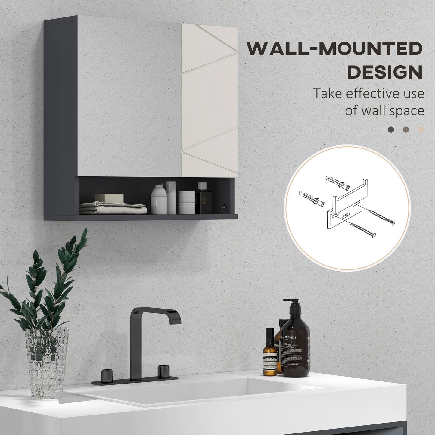 Kleankin Wall Mounted Bathroom Storage Cupboard W/ Mirror and Shelf, Light Grey