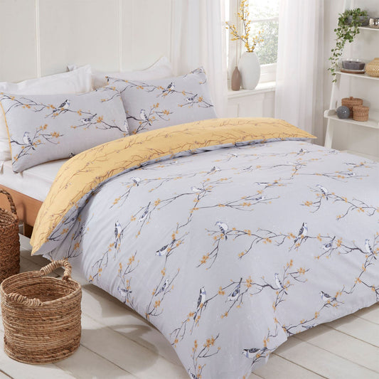 Dreamscene Blossom Bird Quilt Cover with Pillowcase Bedding Set Grey Blush Ochre