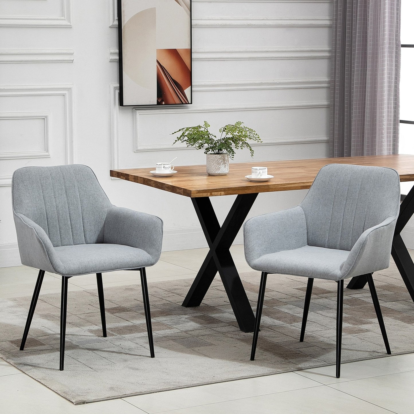 Dining Chairs Set of 2, Linen Fabric Accent Chairs Metal Legs, Light Grey