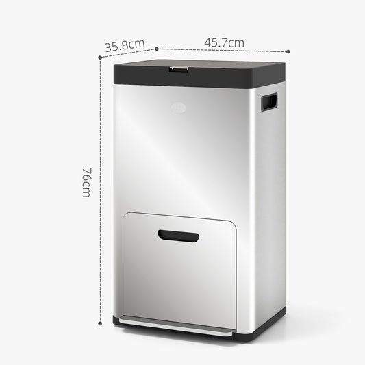 3 Compartment Kitchen Bin, Stainless Steel Pedal Bin for Recycling and Waste