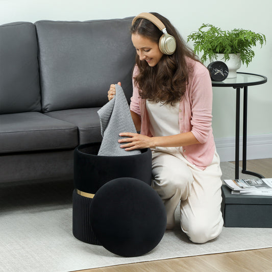 Round Storage Foot Stool, Velvet-Feel Fabric Upholstered Pouffe