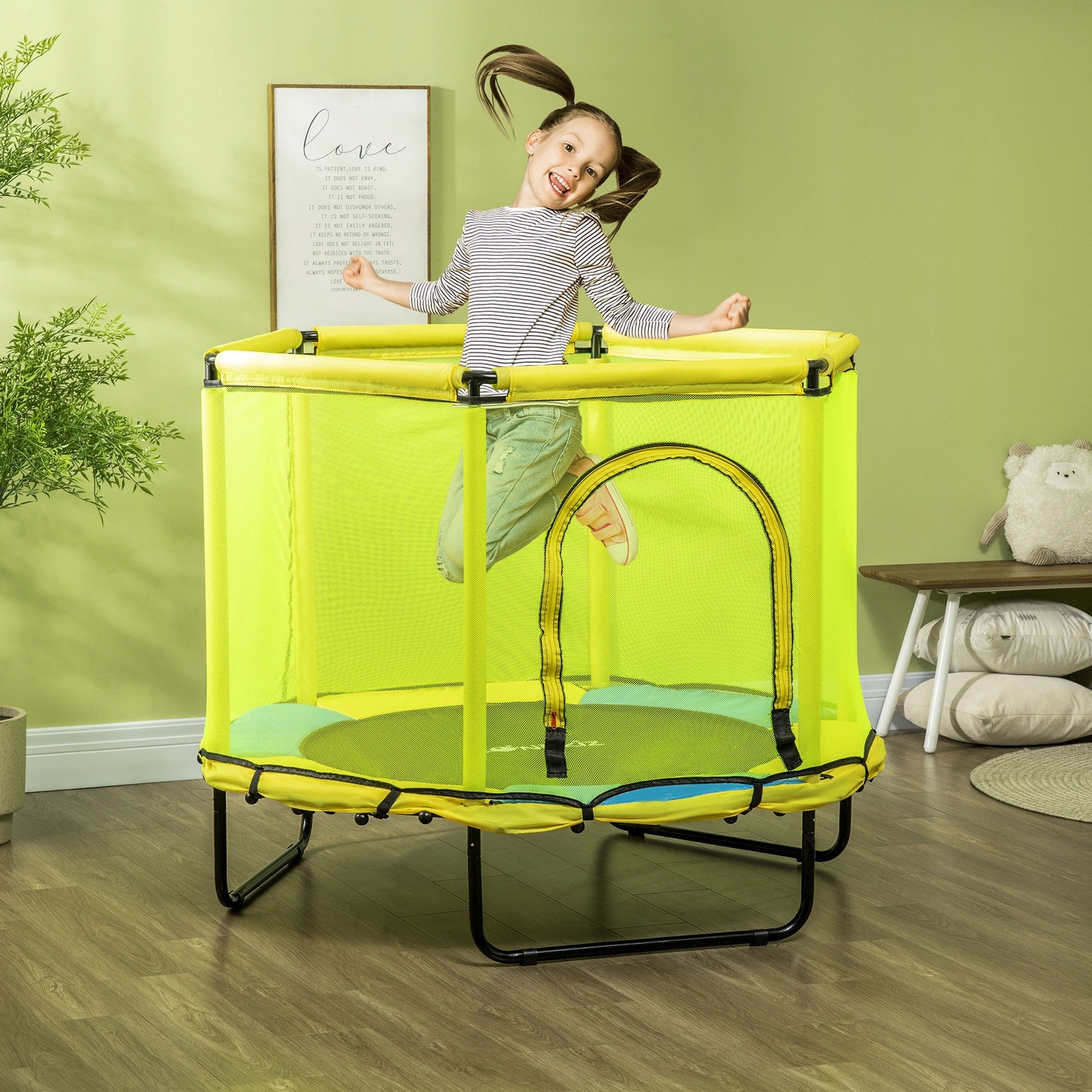 4.6 FT Kids Trampoline with Security Enclosure Net Bungee Gym, Yellow