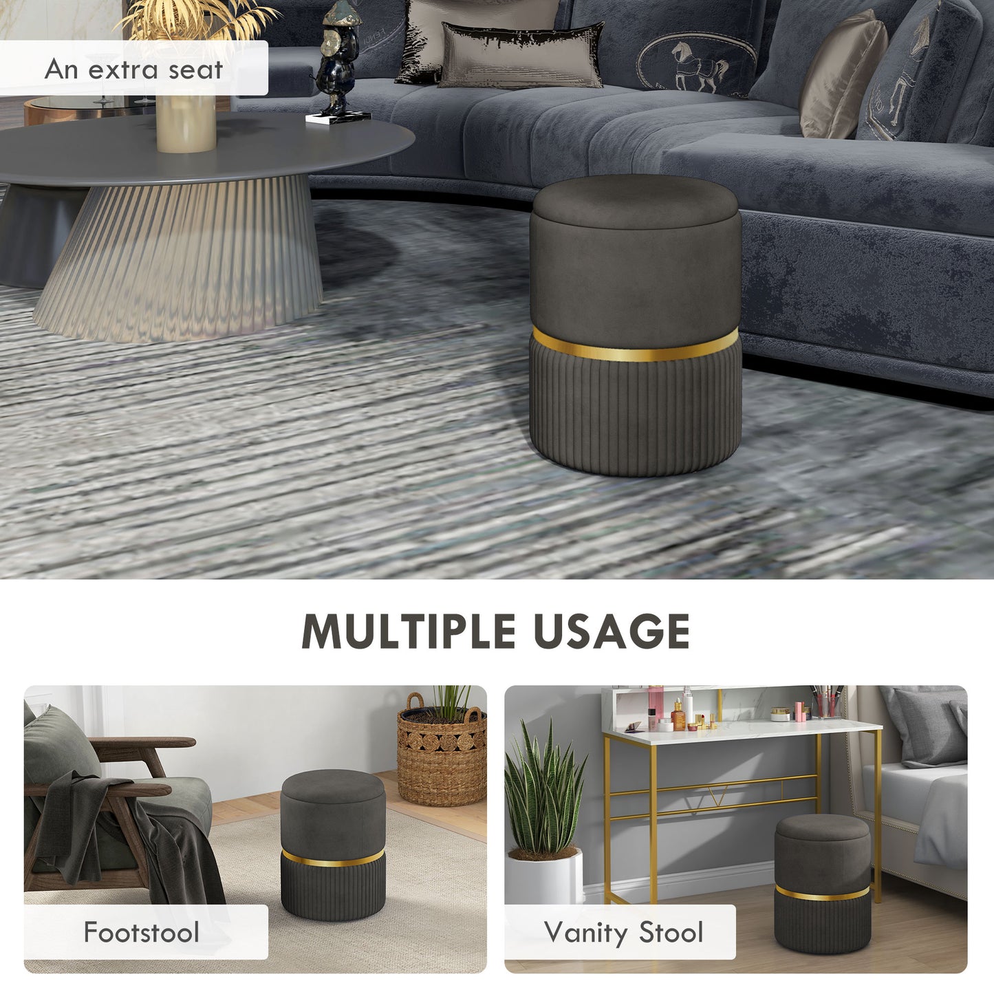 Round Storage Foot Stool, Velvet-Feel Fabric Upholstered Pouffe