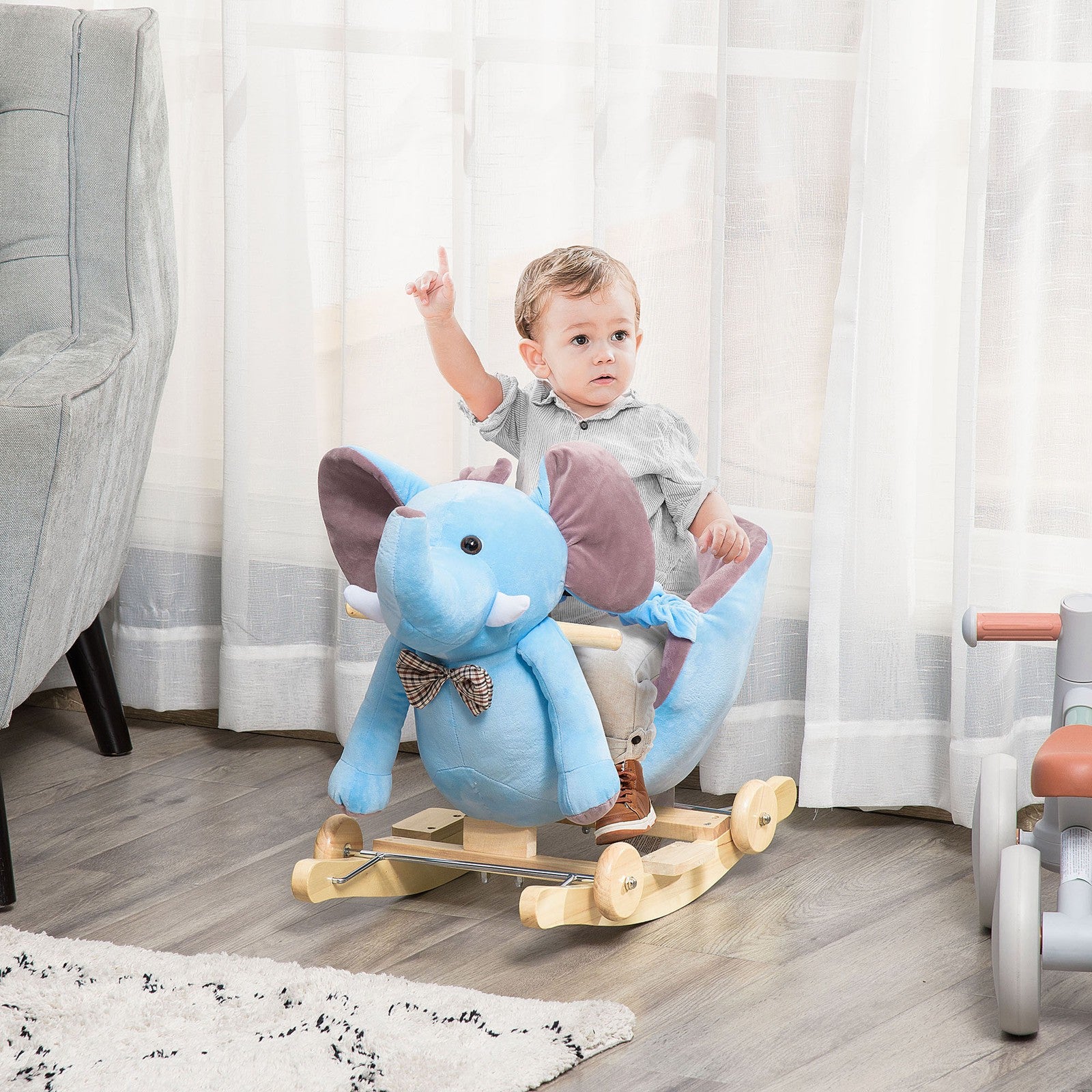 HOMCOM 2-In-1 Baby Rocking Horse Ride on Elephant W/ Wheels Music, Blue