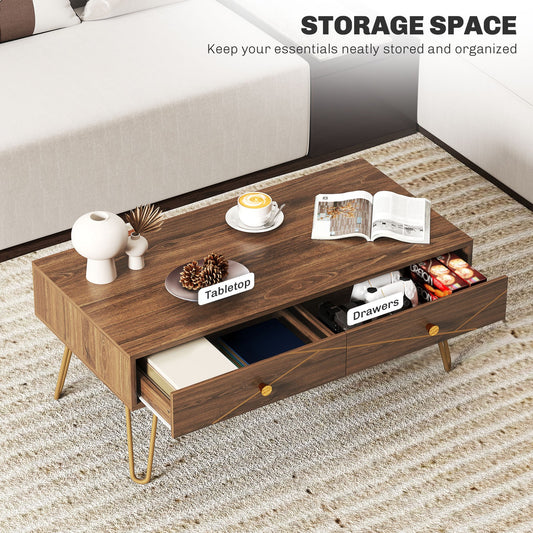 Coffee Table with Storage, Living Room Tea Table with Drawers, Steel Base, Brown