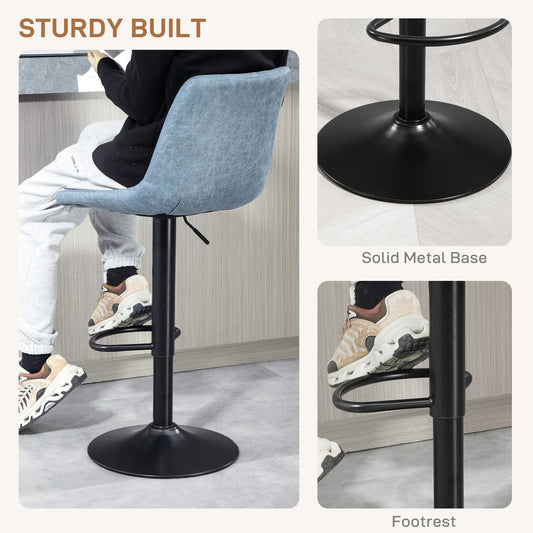 HOMCOM Set of 2 Microfibre Retro Tub Bar Stools Metal Frame Footrest Seat Blue