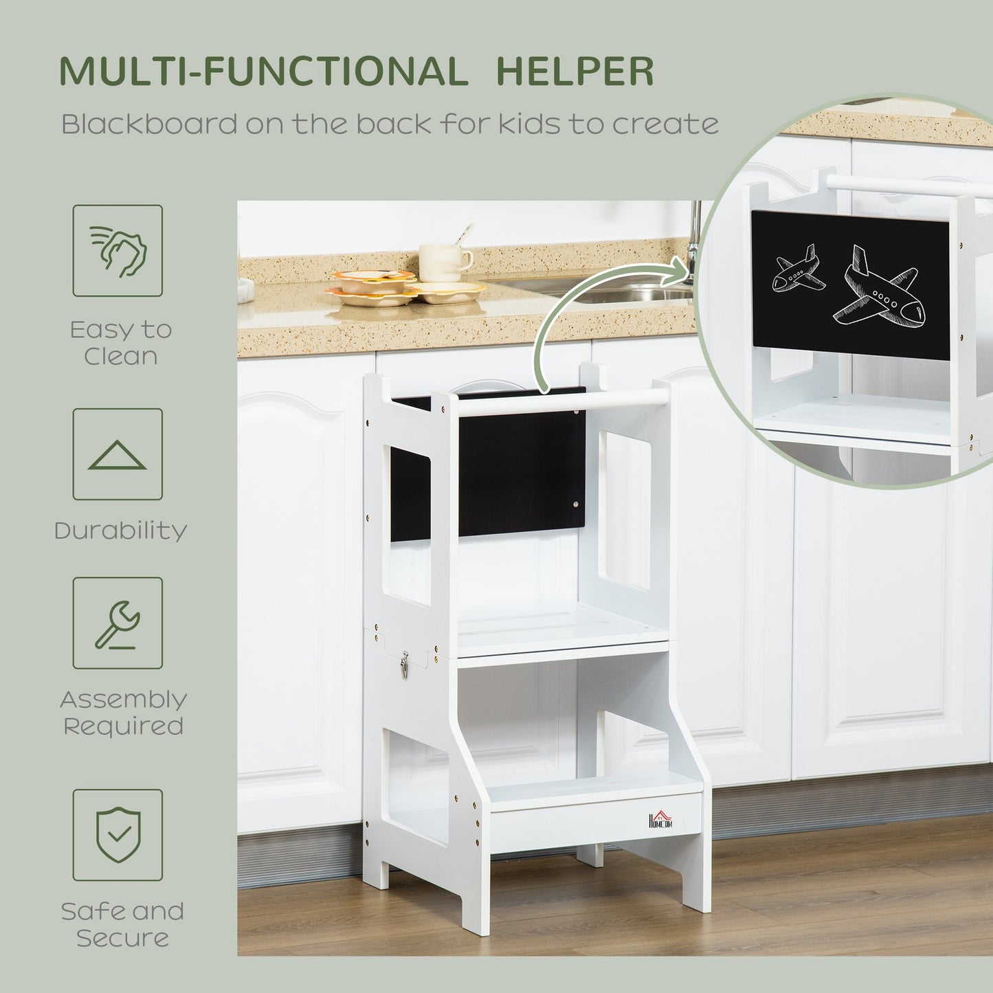 2-In-1 Kids Kitchen Step Stool Table Chair Set W/ Safety Rail Chalkboard, White