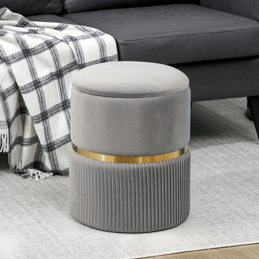 Round Storage Foot Stool, Velvet-Feel Fabric Upholstered Pouffe