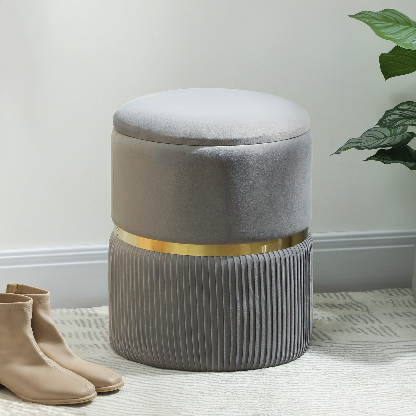 Round Storage Foot Stool, Velvet-Feel Fabric Upholstered Pouffe