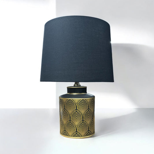 Black & Gold Modern Floral Ceramic Table Lamp Drum Shade Elegant Hall Light 50Cm