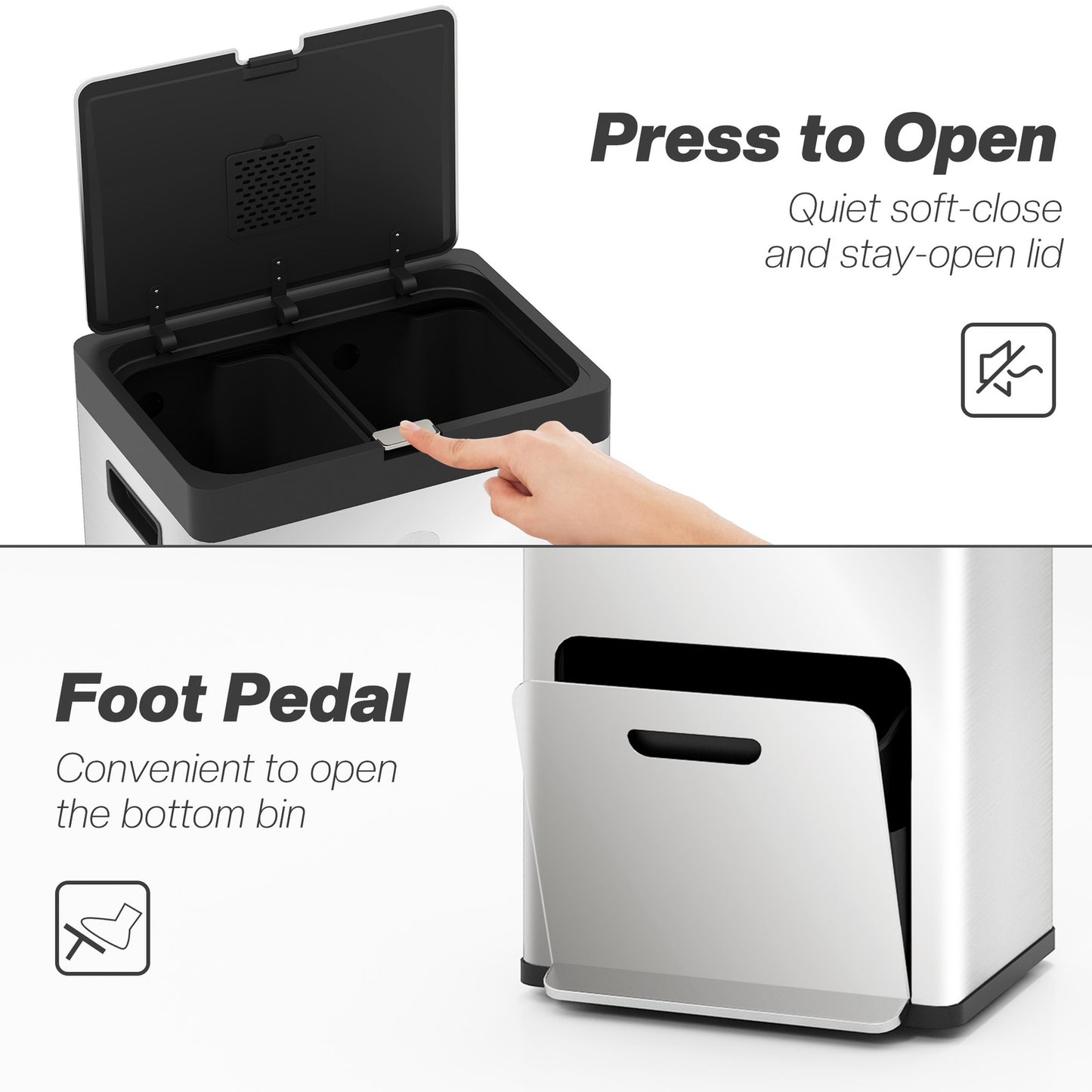 3 Compartment Kitchen Bin, Stainless Steel Pedal Bin for Recycling and Waste