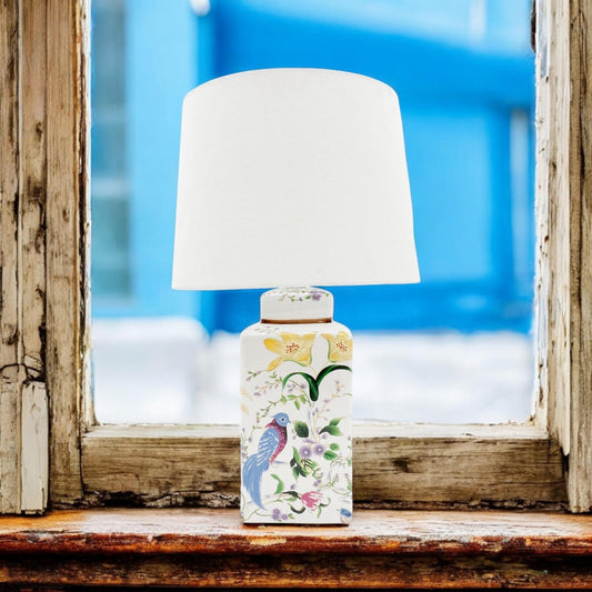 Stunning Floral Ceramic Table Lamp Pleated Shade Oriental Bird Hall Light 58Cm