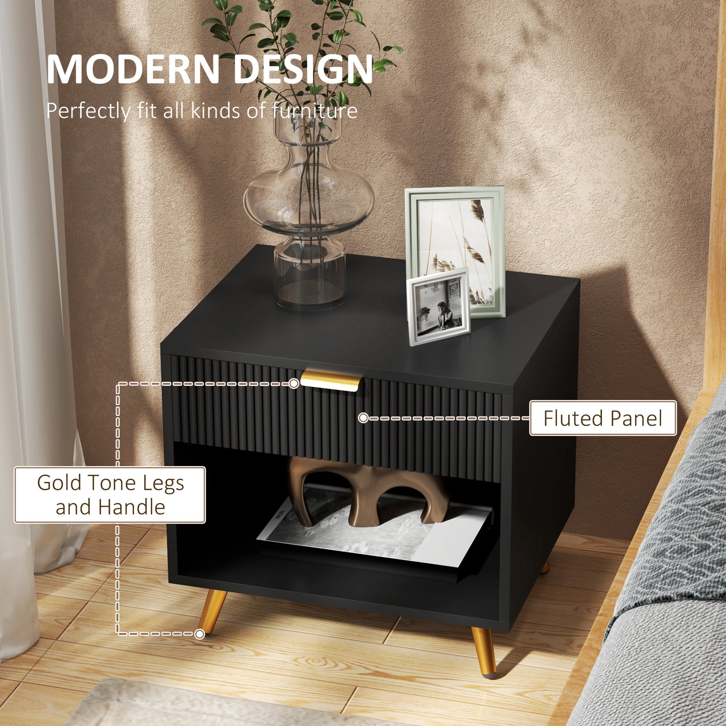 End Table with Drawer and Open Compartment for Bedroom