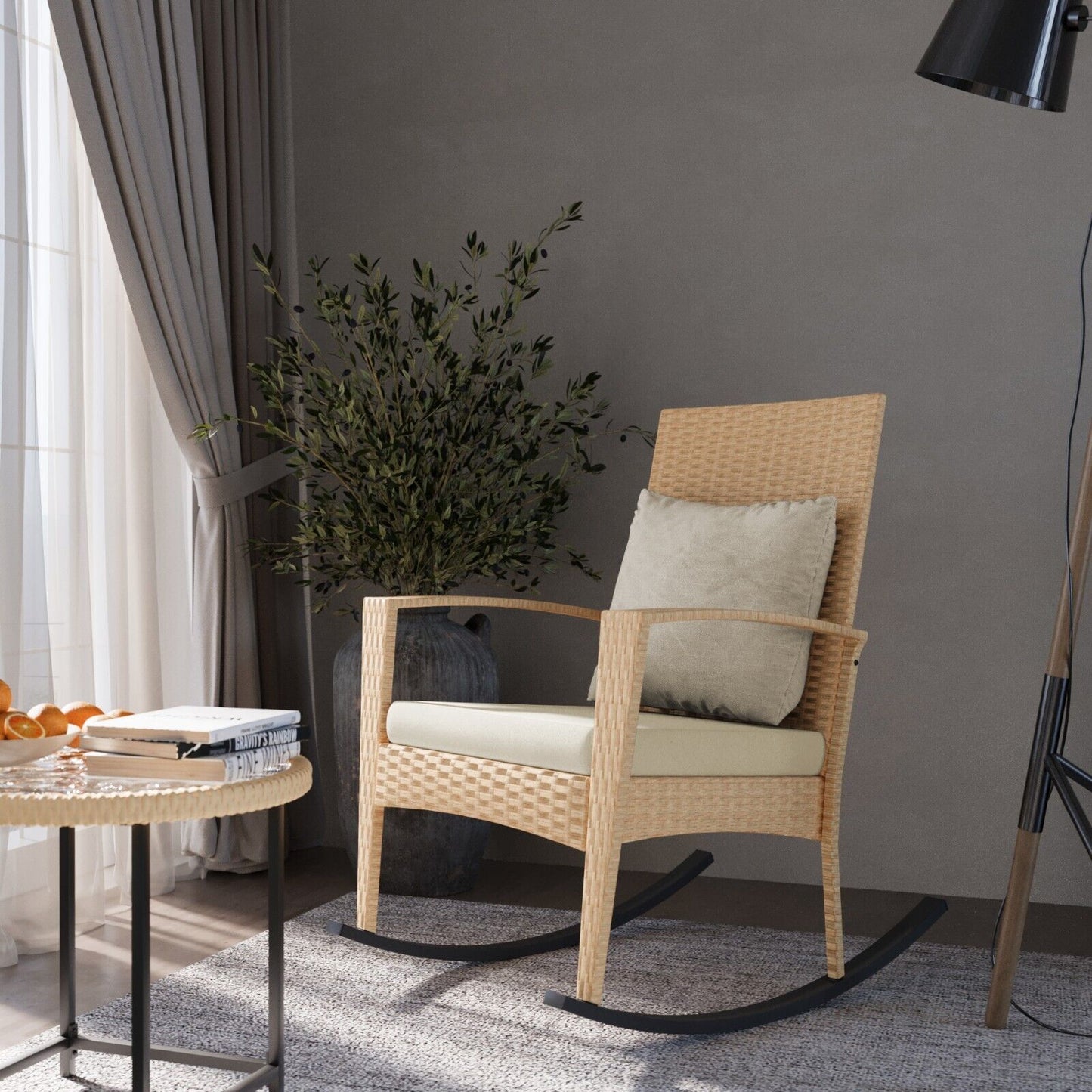 Mondeer PE Wicker Rocking Chair W/ Removable Cushion Wicker Rocking Armchair