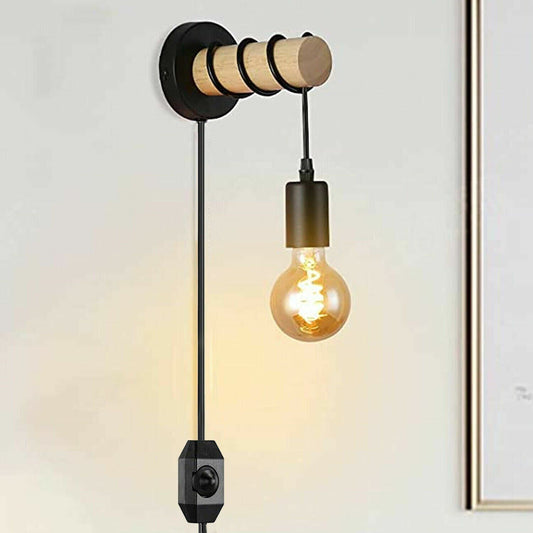 Plug in Wall Light Adjustable Single Wood Arm Reading Wall Lamp Bedside Lighting