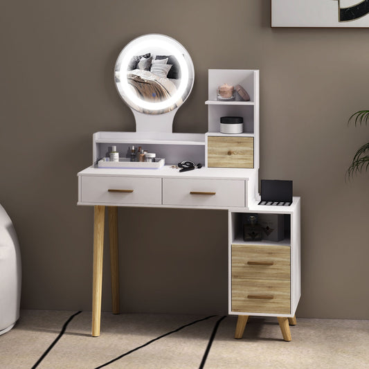 Modern White Vanity Table with Mirror and LED Lighting
