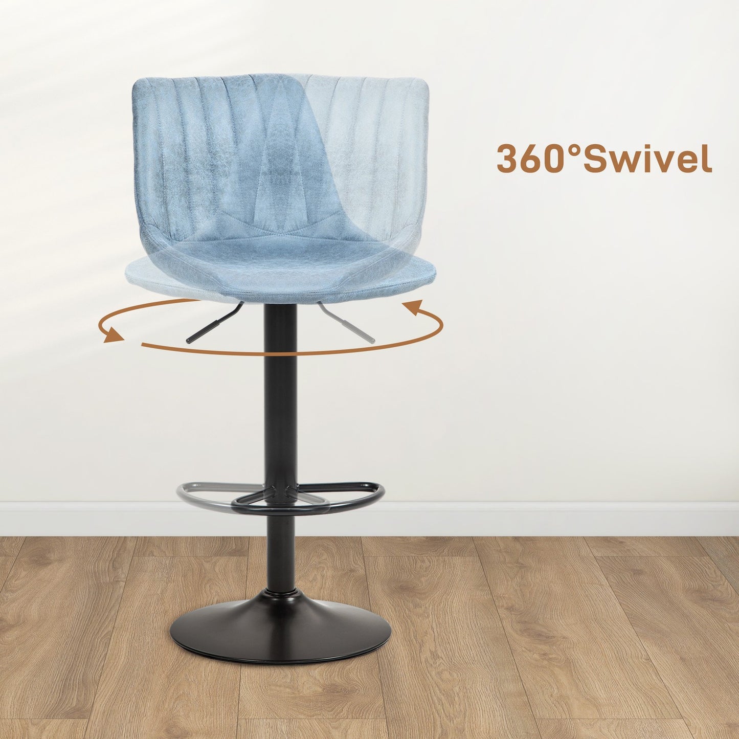 HOMCOM Set of 2 Microfibre Retro Tub Bar Stools Metal Frame Footrest Seat Blue