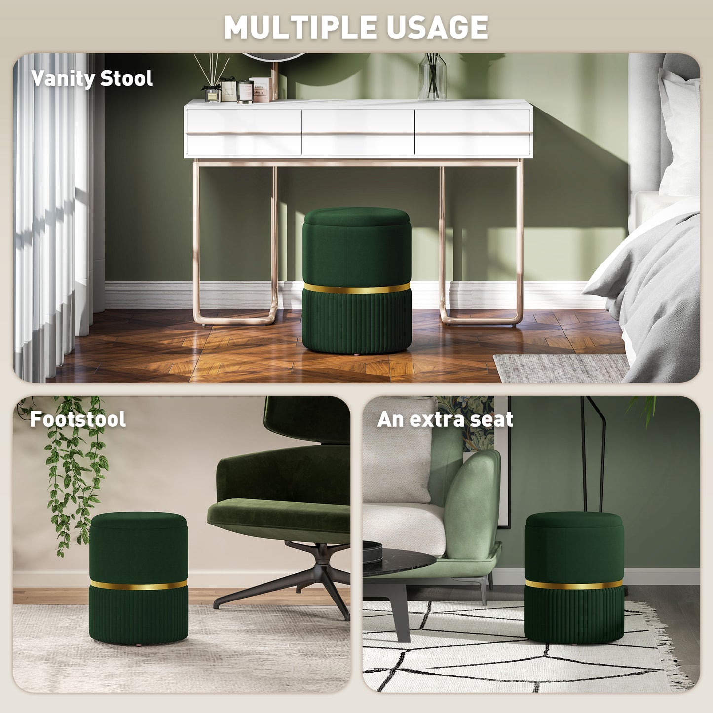 Round Storage Foot Stool, Velvet-Feel Fabric Upholstered Pouffe